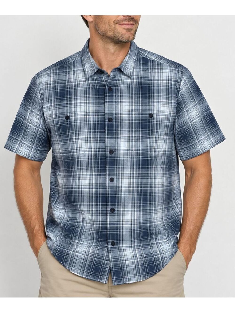 Orvis Men's Large Plaid Shirt Blue Gray Short Sleeve Button Up Outdoor Casual